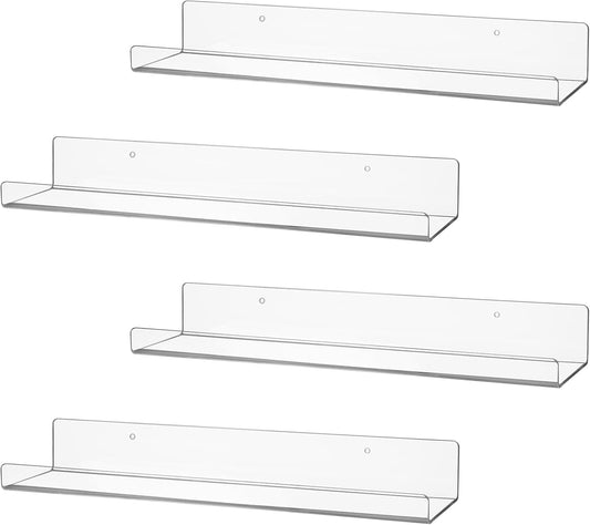 4 Pack Clear Acrylic Floating Shelves for Wall, 15'' Plastic Wall Mounted Display Shelf Kids Bookshelf and Spice Organizer for Bedroom, Living Room, Kitchen, Bathroom, Office