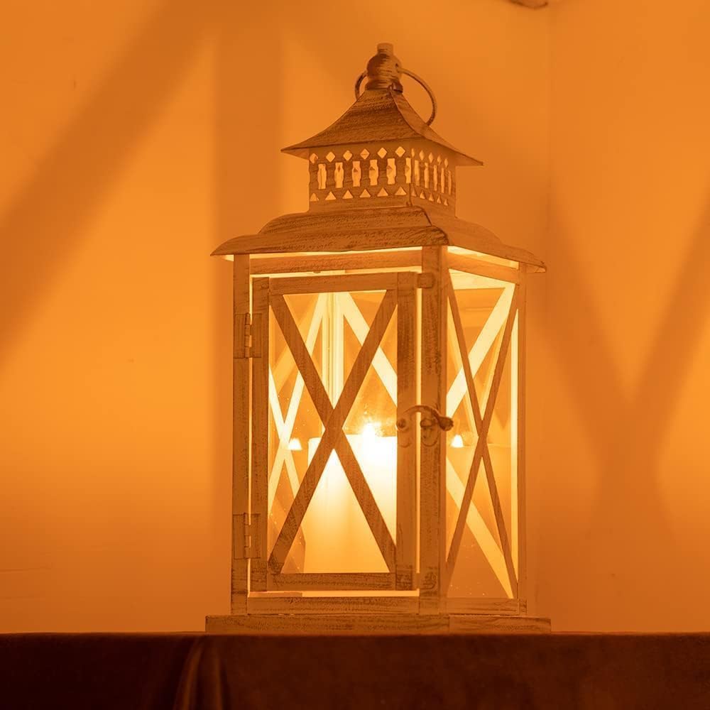 NEEDOMO Lanterns Decorative Outdoor&Indoor, Set of 4 (14"&10") Beige Metal Lantern Decor with Glass, Candle Holder for Porch, Patio, Garden, Balcony, Wedding, Table Centerpiece