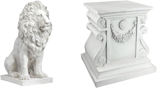 Design Toscano Lion of Florence Sentinel Statue (13 Inches Wide, 21 Inches Deep, 28 Inches High) and Classic Statuary Garden Plinth Base Riser, Large (15 Inches Wide,14 Inches Deep,15 Inches High)