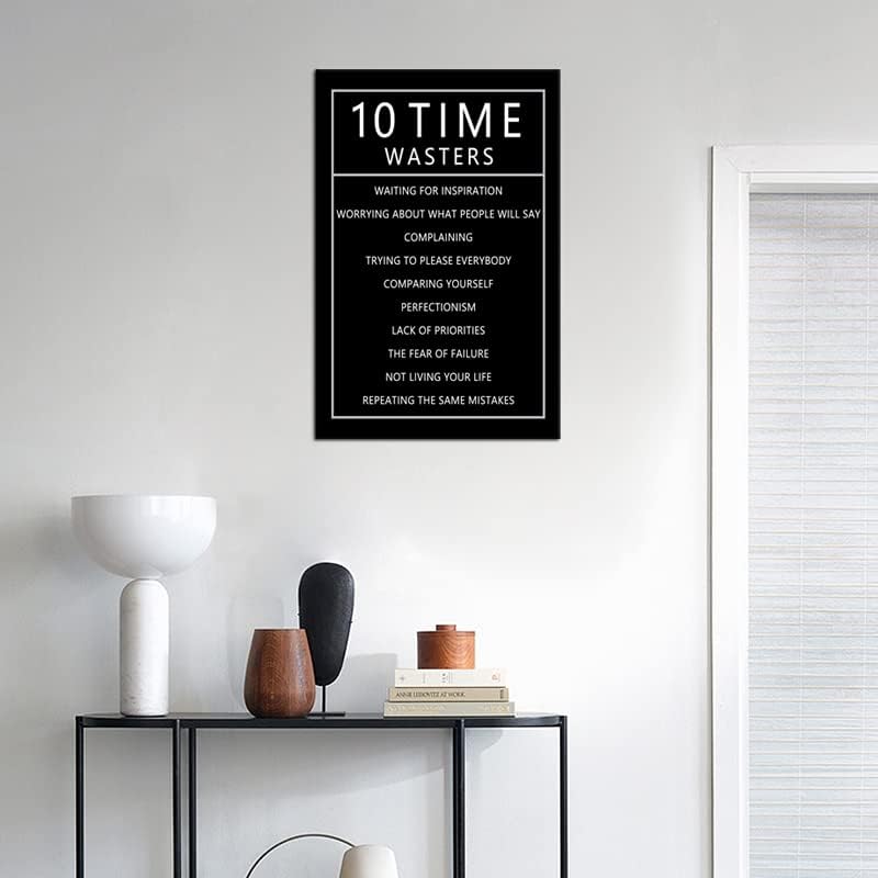 10 Time Wasters Motivational Canvas Wall Art for Living Room Inspirational Positive Quote Poster Wall Decor Paintings Wooden Framed Artwork Office Bedroom Home Decoration Ready to Hang [12''W x 18''H]