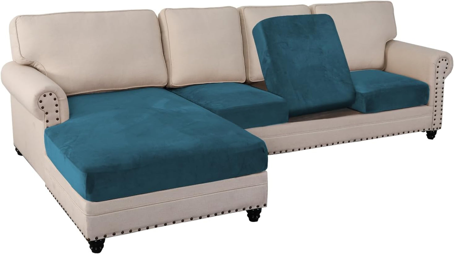 PrinceDeco Sectional Couch Covers 4 Pieces Couch Covers for Sectional Sofa Velvet Separate Sectional Couch Covers L Shape for Left/Right Chaise Sectional Couch(3 Seater + 1 Chaise,Deep Teal)