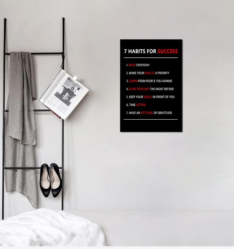 Motivational Wall Art 7 Habits For Success Inspirational Entrepreneur Quotes Canvas Painting Prints Poster Inspiring Office Decor Living Room Gym Decoration Framed Ready to Hang [12''W X 18''H]