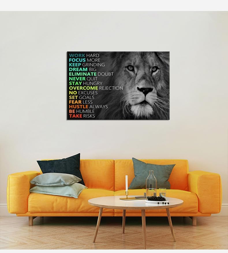 Motivational Lion Canvas Wall Art for Office Colorful Poster Painting Artwork Inspirational Picture Print Wall Decor for Home Living Room Bedroom Workplace Wooden Framed Ready to Hang [24''Wx 36''H]