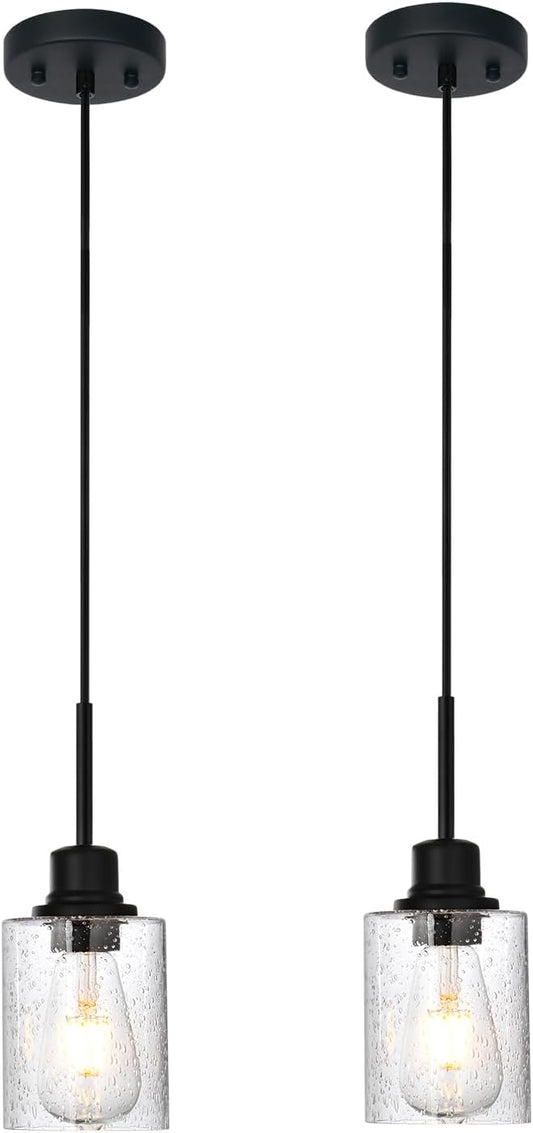 Modern Farmhouse Pendant Lighting for Kitchen Island,Industrial Dining Room Light Fixtures Hanging Over Table with Seeded Glass,2 Pack Black Pendant Lights Mini Chandeliers for Sink Bar