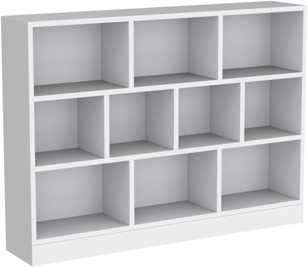 IOTXY Open Shelf Low Bookcase - Wooden 3-Tier Floor Standing Display Cabinet Organizer with Base, 10 Cubes Short Horizontal Bookshelf in Warm White