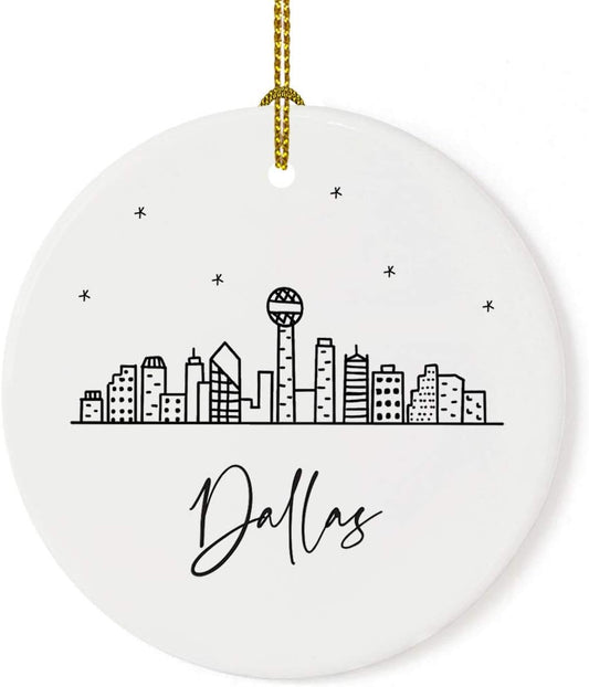 Andaz Press Round Ceramic Porcelain Christmas Tree Ornament Keepsake, Dallas Black and White Stars City Skyline Graphic, 1-Pack, Birthday Gift Ideas for Family Coworker, Includes Gift Box