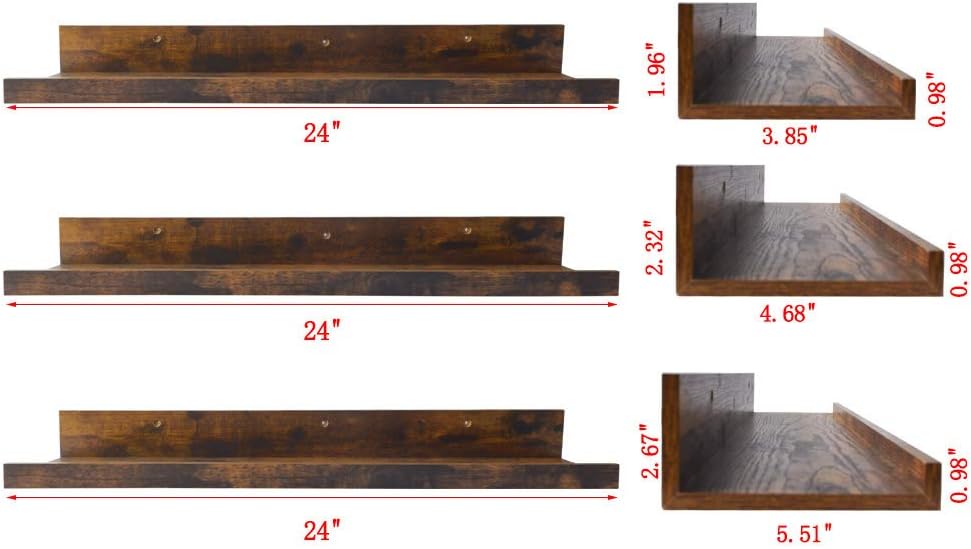 Giftgarden 24 Inch Floating Shelves Wall Mounted Set of 3, Rustic Large Wall Shelves Picture Ledge Shelf for Bedroom Living Room Bathroom Kitchen, 3 Different Sizes