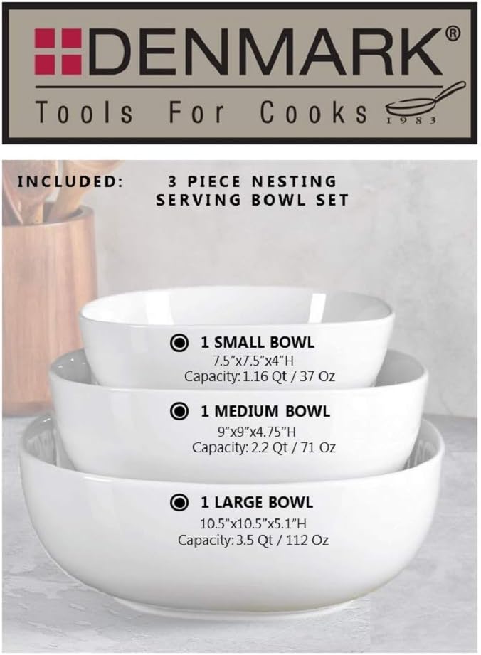 Denmark White Porcelain Chip Resistant Scratch Resistant Commercial Grade Serveware, 3 Piece Serving Bowl Set