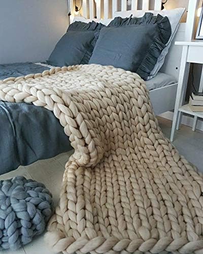 Merino Wool Chunky Knit Throw Blanket, 47x60in, Camel