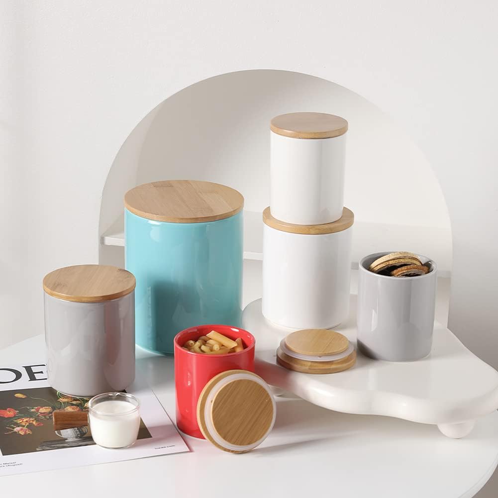 Sweejar Kitchen Canisters Ceramic Food Storage Jar Set, Stackable Containers with Airtight Seal Bamboo Lid for Serving Ground Coffee, Tea,Grains, Herbs,Sugar, Salt and More - Pack of 4（Gray）