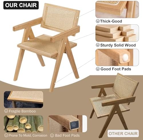 Rattan Dining Chairs Set of 2, Wooden Armchair Cane Kitchen Chairs with Arms, Light Walnut Color