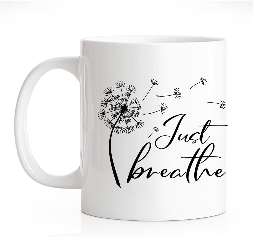 RZHV Just Breathe 11 Oz Novelty Mug, Funny Dandelion Coffee Mug for Floral Lover, Calming Gifts for Yoga Lover, Meditation Mental Health Gifts for Women