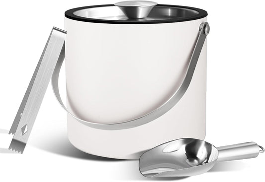 Insulated Ice Bucket with Silicone Lid, Scoop, Tongs & Strainer, 3L Stainless Steel Double Wall Ice Buckets for Parties & Cocktail Bar, Champagne Ice Bucket with Lid for Freezer, Ivory