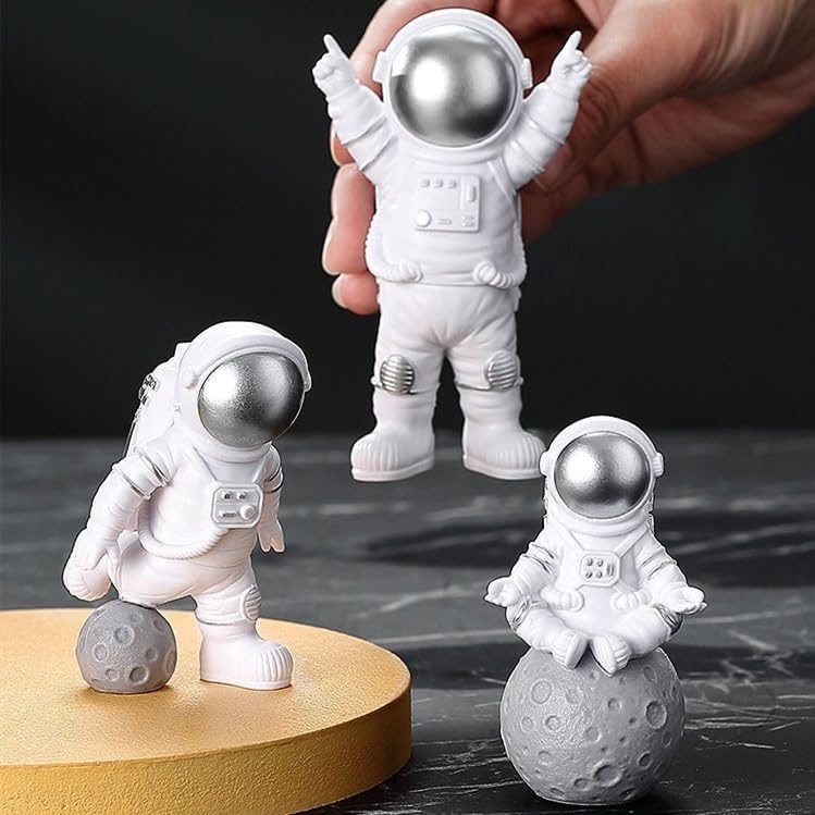 4 Pcs Silver White Astronaut Statues Set, Spaceman Sculpture Figurines Home Ornament Cake Toppers Gift