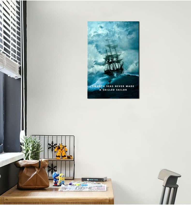 Inspirational Canvas Wall Art Smooth Seas Never Made A Skilled Sailor Motivational Poster Entrepreneur Quote Picture Home Office Decor Painting Framed and Stretched Ready to Hang [12''W x 18''H]