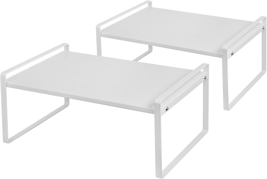 Nxconsu 2Pack Cabinet Shelves Stackable Shelf Organizer Rack Riser for Kitchen Cabinet Pantry Cupboard Counter Countertop Home Organization Storage Space Saver Heavy Duty Metal Nonslip White Wide