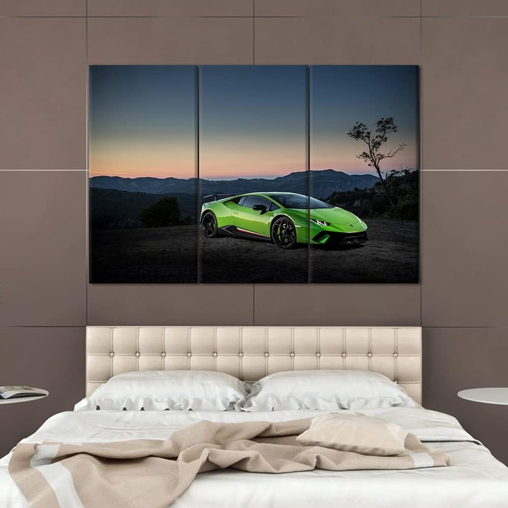 TUMOVO Large Various Types Big Pictures of Racing, Green Canvas Wall Art Framed Sports Car Boys Fast Car Cool Sports Poster 3 Panel 3D Diamond Print Painting - 40 x 20inch x 3 Panels