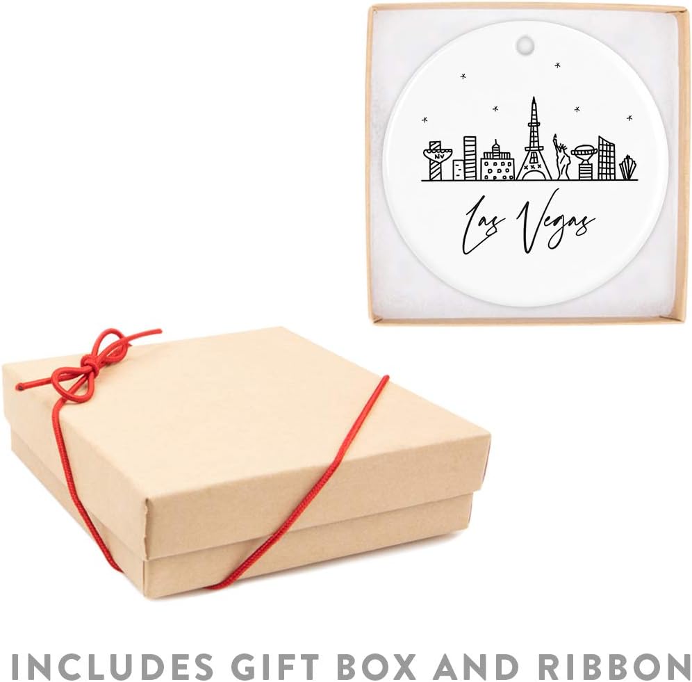 Andaz Press Round Ceramic Porcelain Christmas Tree Ornament Keepsake, Las Vegas Black and White Stars City Skyline Graphic, 1-Pack, Birthday Gift Idea for Family, Coworker, Him, Her, Includes Gift Box