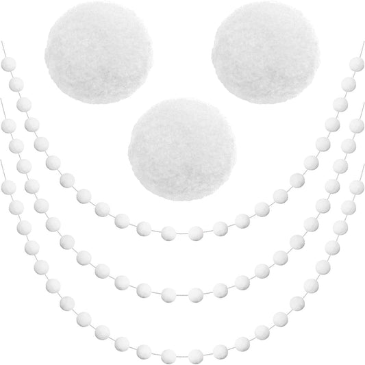 Jishi 3pk White Felt Pom Pom Garland Christmas Tree Decorations Indoor Home Decor, Cute Winter Wonderland Snow Ball Ornaments, Hanging String Pompom Snowball Beads, Xmas Holiday Birthday Party Banners