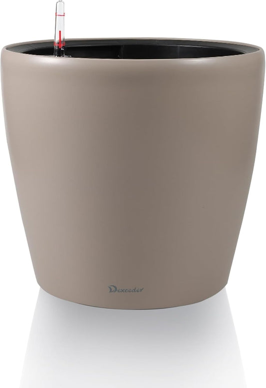 Dexceder 9x8 Inches Self Watering Planter Indoor Outdoor, Inner Pot Design, Thickened Table Flower Plant Pot with Water Level Indicator (Taupe Matte)