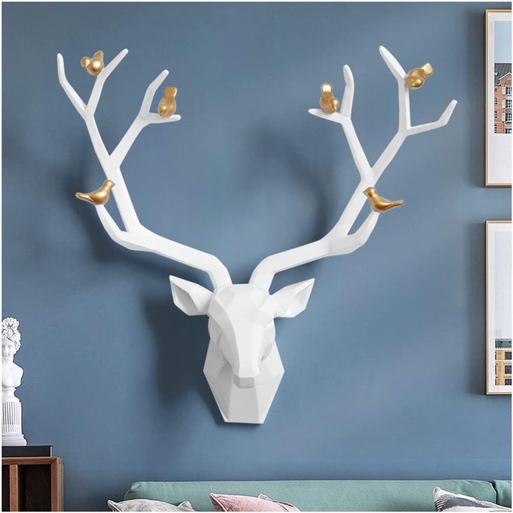 Deer Head Wall Decor Geometric Rustic Wall Mounted Deer Head, Faux Taxidermy Animal Head Wall Art Pendant, Handmade Resin Head Sculptures for Porch, Detachable Antlers, 6 Styles(White,20.1x20.4IN)