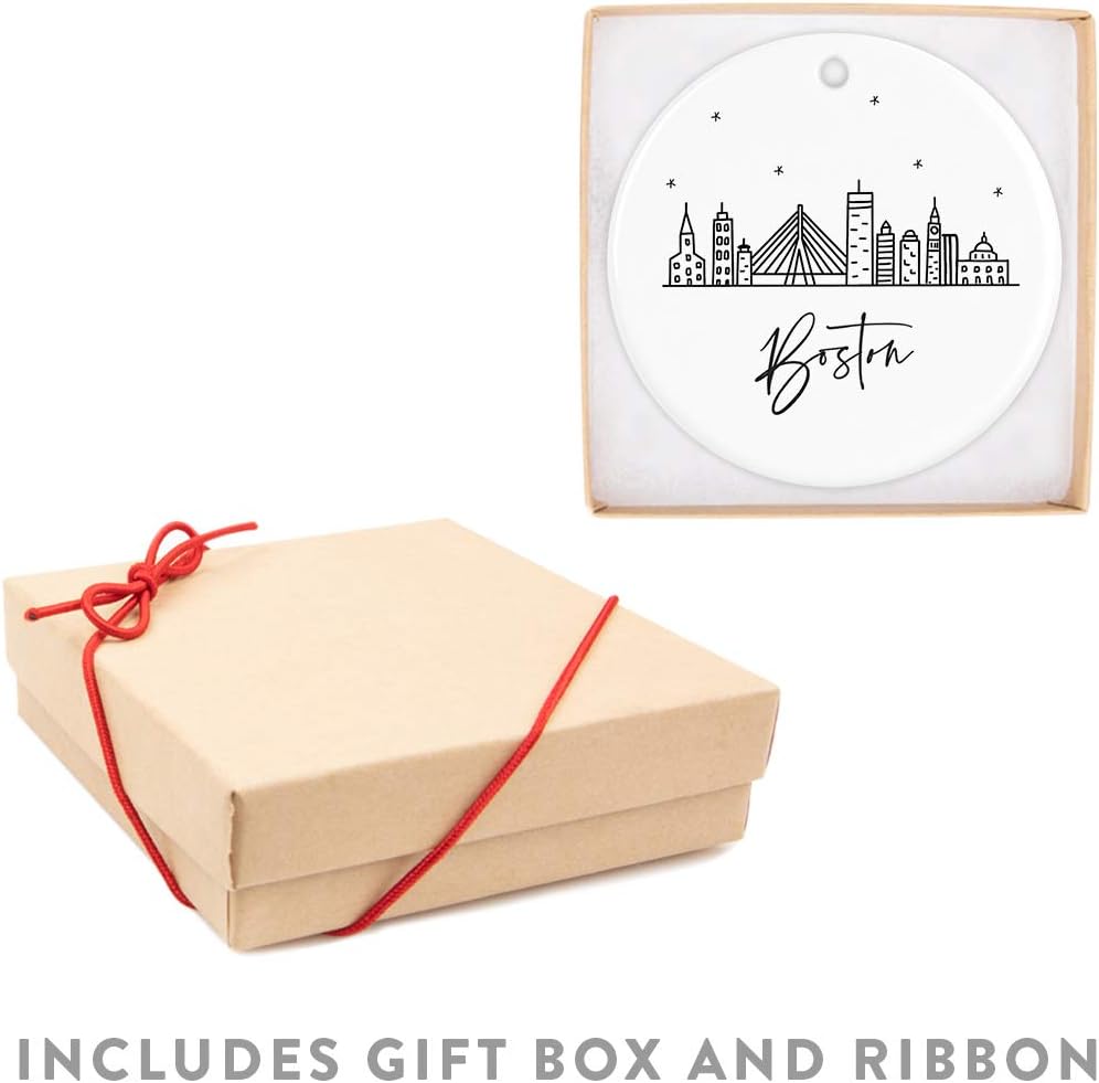 Andaz Press Round Ceramic Porcelain Christmas Tree Ornament Keepsake, Boston Black and White Stars City Skyline Graphic, 1-Pack, Birthday Gift Idea for Family, Coworker, Him, Her, Includes Gift Box
