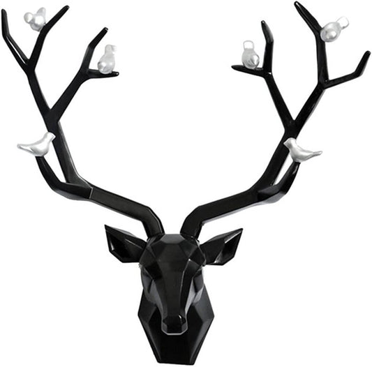 Deer Head Wall Decor Geometric Rustic Wall Mounted Deer Head, Faux Taxidermy Animal Head Wall Art Pendant, Handmade Resin Head Sculptures for Porch, Detachable Antlers, 6 Styles(Black,20.1x20.4IN)