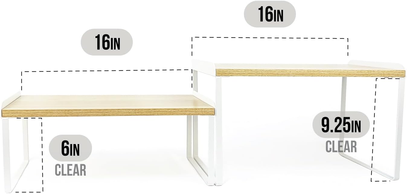 Mitus Shelf Organizer and Storage, Stackable Tiered Wood Cabinet Rack for Countertops, Desktops, Cabinets (Set of 2) 16" Wide Natural Oak and White