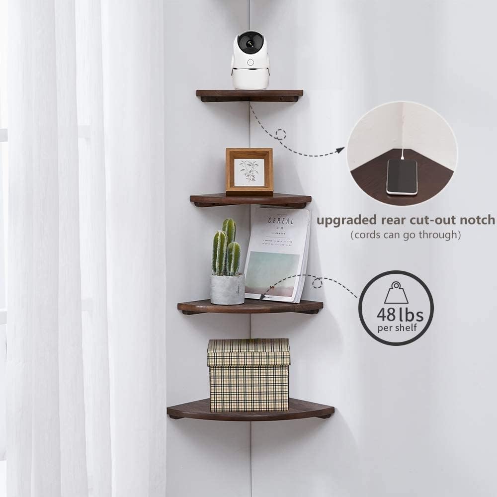 Corner Shelf,16inch Walnut Solid Wood Floating Corner Shelves Wall Mount Round End Floating Speaker Rack with Wire Hole for Small Plant for Bedroom Kitchen, Living Room