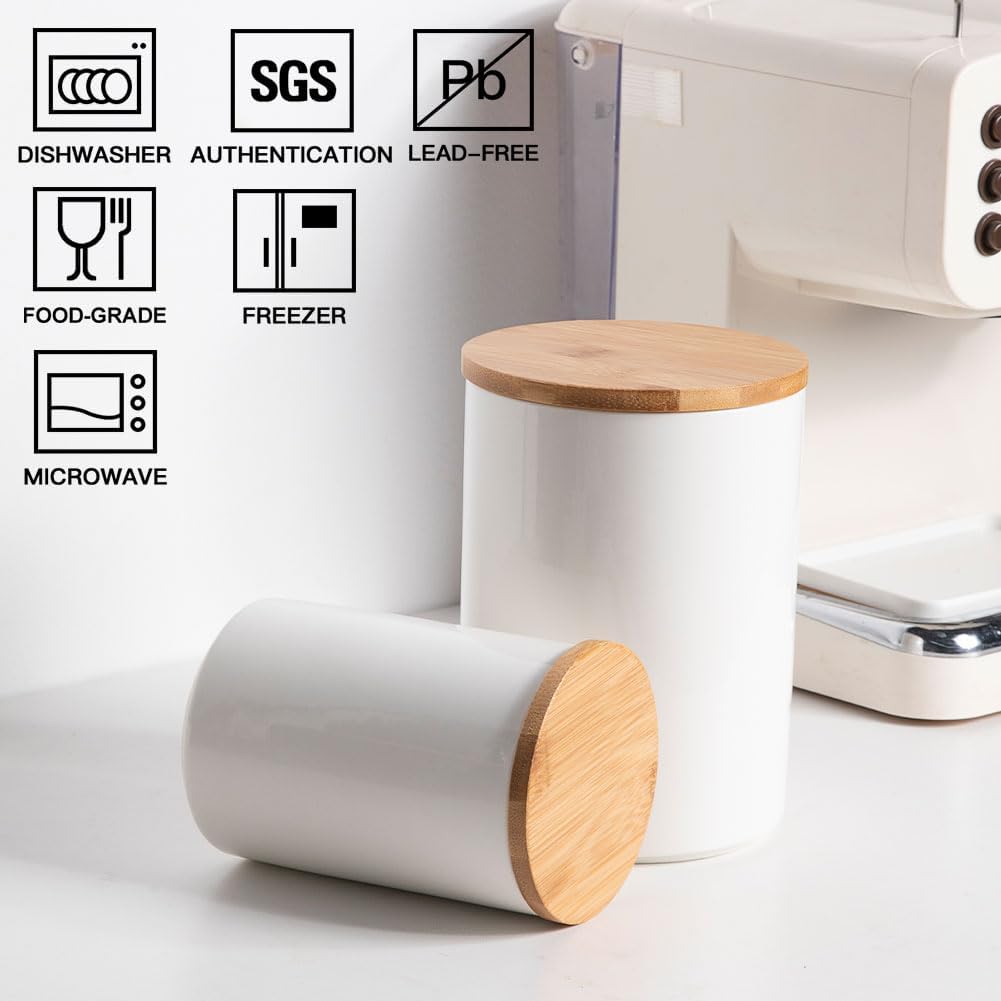 Sweejar Kitchen Ceramic Food Storage Containers Set, Stackable Canisters for Countertop with Airtight Boomboo Lids for Serving Ground Coffee, Tea, Sugar, Salt and More- Set of 2 (White)