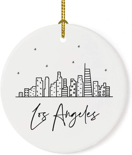Andaz Press Round Ceramic Porcelain Christmas Tree Ornament Keepsake Gift, Los Angeles, Black and White Stars City Skyline Graphic, 1-Pack, Birthday Ideas Family Coworker Him Her, Includes Gift Box