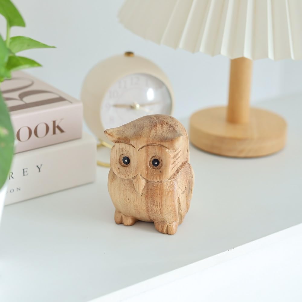 Thai Wooden Hand Carved Wooden Owl Statue, Sculpture Art Decorative Rustic Home Decor Accent Handmade Handcrafted Decoration Natural Color (Owl)