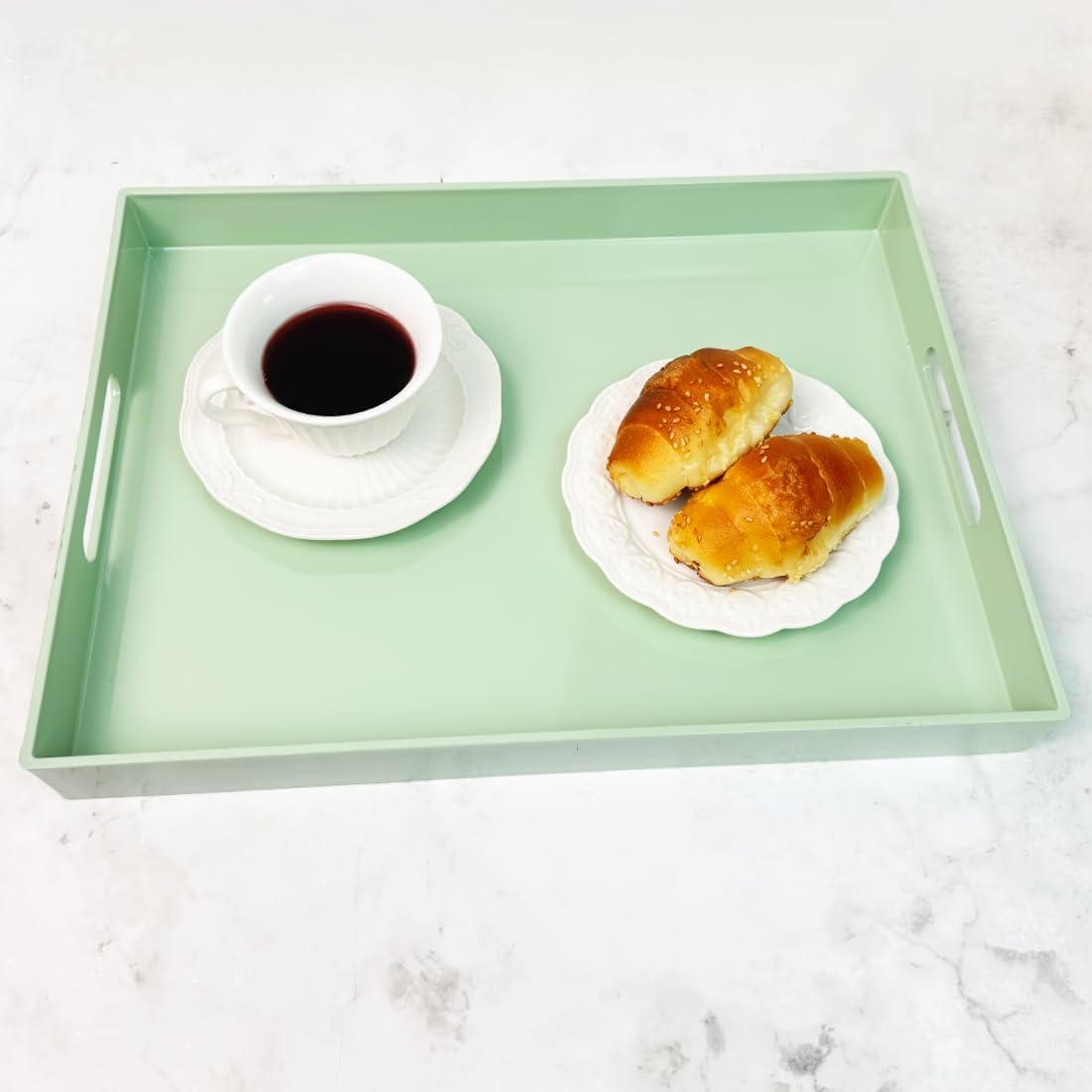 Turquoise Green Decorative Tray, Rectangular Large Serving Tray with Handles, Plastic Coffee Table Tray for Ottoman, Living Room, Kitchen Tabletop,15.7” x 11.8” x1.6”