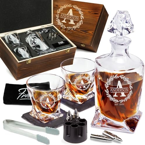 Frolk Personalized Whiskey Decanter and Stones Set - Customized Gift for Him - Men, Dad, Father - Twisted Whiskey Decanter, 2 XL Glasses, 6 XL Whiskey Chillers, 2 Coasters, Tongs, Pouch in Wooden Box