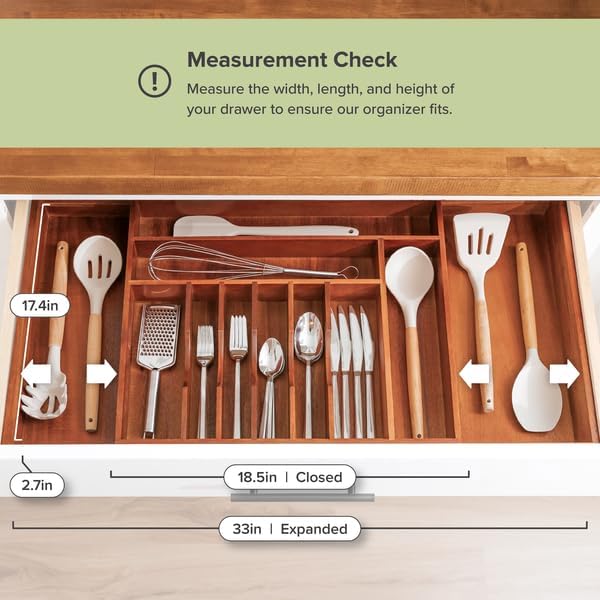 Premium Silverware, Flatware and Utensil Organizer for Kitchen Drawers, Food-Safe Contract Grade, Expandable from 18 to 33 In, Natural Acacia