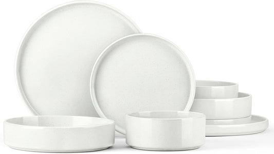 Stoneware Dinnerware Sets for 2, Onader Speckled Plates and Bowls, 8 Pieces Ceramic Dish Dinner Set with Pasta Bowl, Microwave & Dishwasher Safe - Cloud White