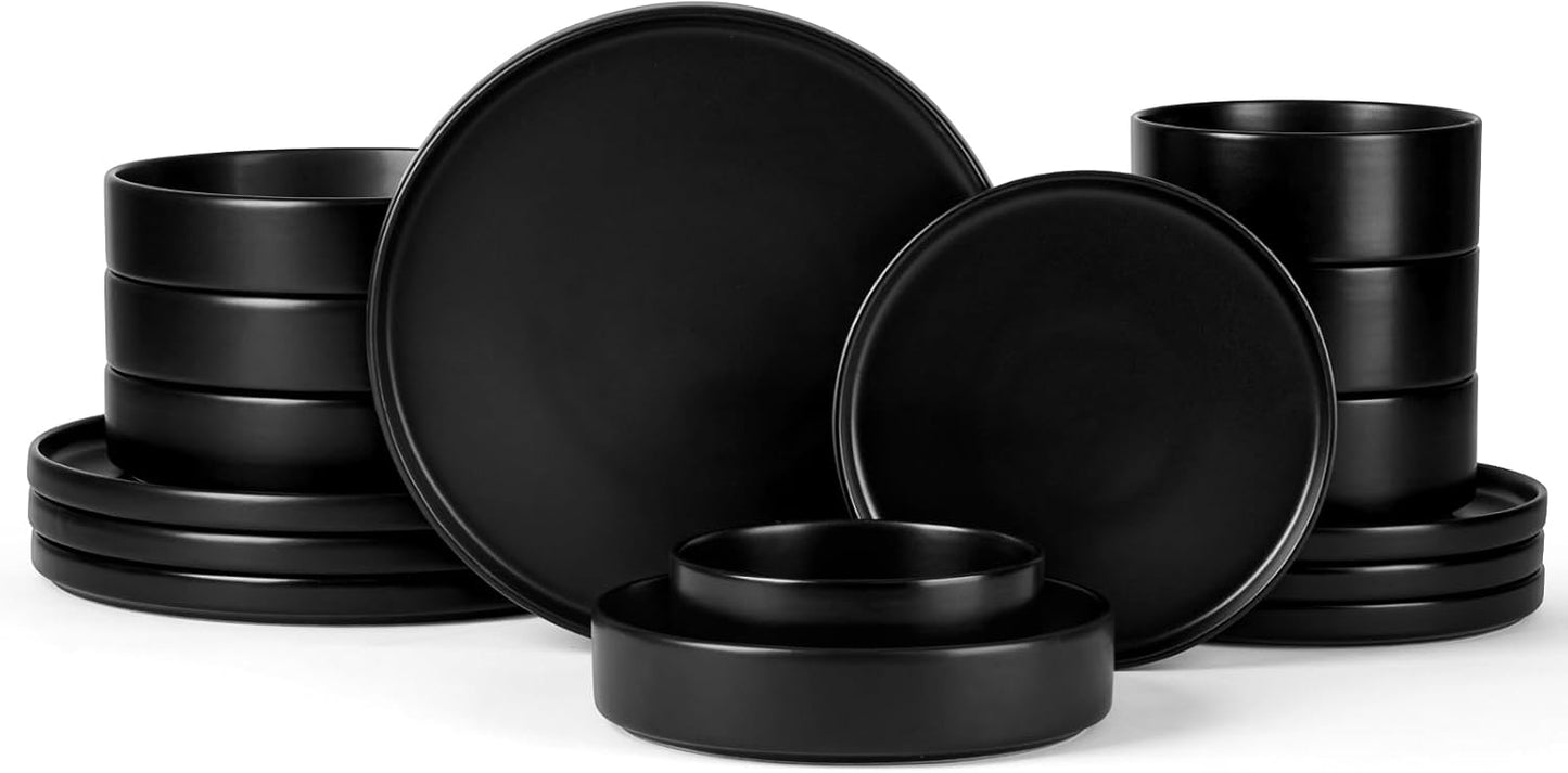 Onader 16 Piece Dinnerware Sets with Serving Bowls for 4, Stoneware Plates and Bowls Dish Sets, Ceramic Dinner Ware Dishware for Kitchen Dining, Chip & Scratch Resistant - Ebony Black