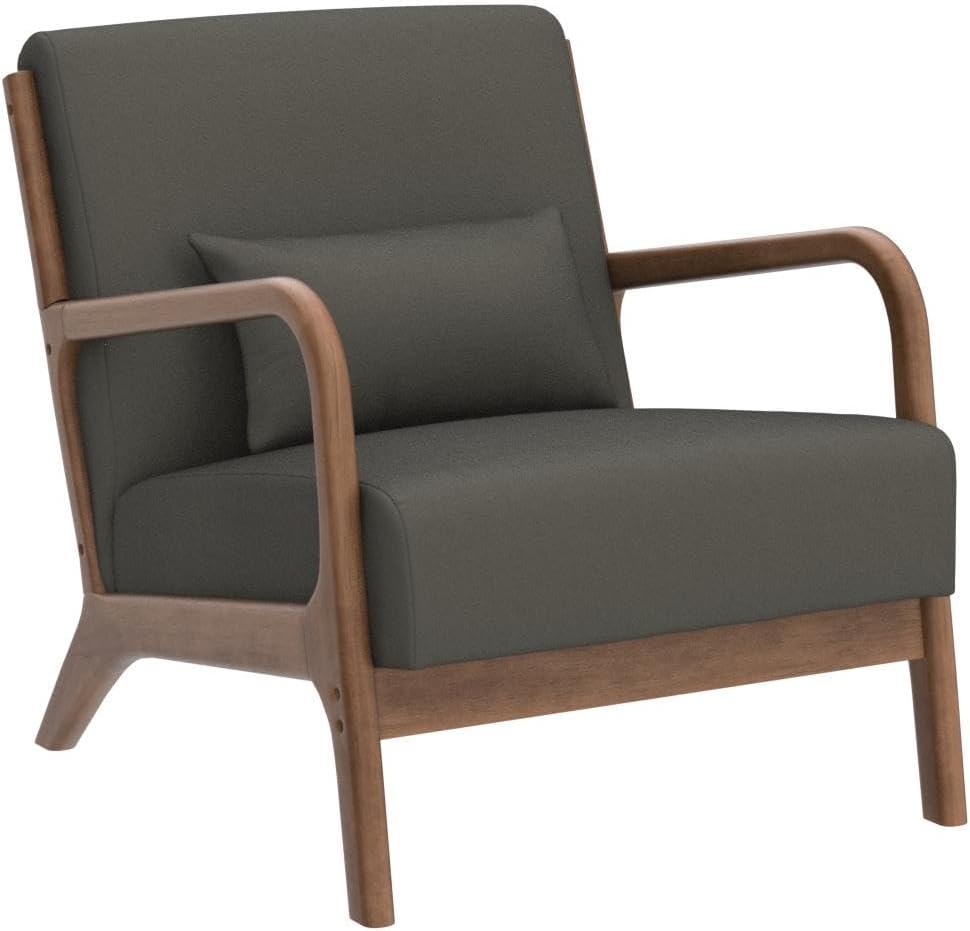 INZOY Mid Century Modern Accent Chair with Wood Frame, Upholstered Living Room Chairs with Waist Cushion, Reading Armchair for Bedroom Sunroom (Green)