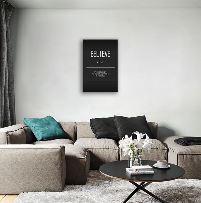 Motivational Office Positive Poster Believe Verb Inspirational Wall Art Printed on Canvas Modern Home Decor Painting Artwork for Living Room Bedroom Picture Stretched and Framed[24" W x 36" H]