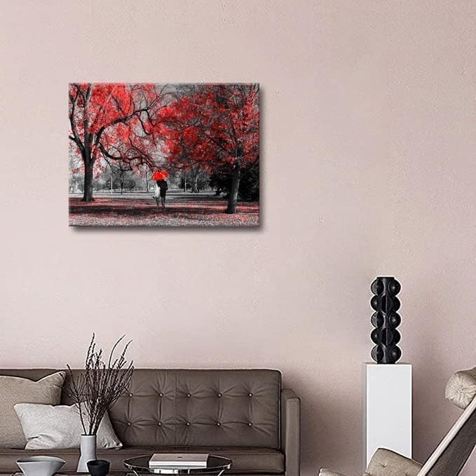 Bamdeya Bathroom Wall Art Gray Red Wall Decor Forest Canvas Painting Tree Prints Art Scenery Artwork for Wall Landscape Picture Black and White Wall Art Bedroom Room Décor Decoration -12x16inches