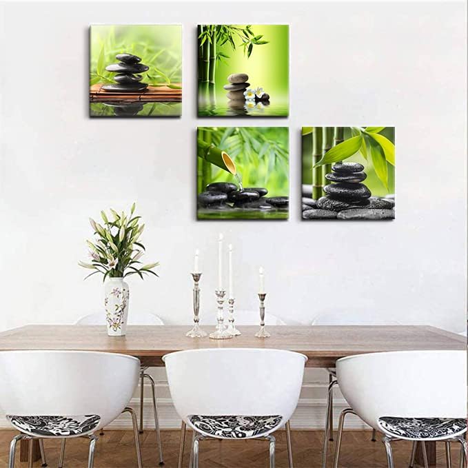 Bamdeya Bathroom Wall Decor Zen Canvas Prints Meditation Picture Painting Green Room Decor Bedroom Wall Art Living Room Yoga Spa Office Artwork Posters Prints Framed Home Decorations12x12x4pcs