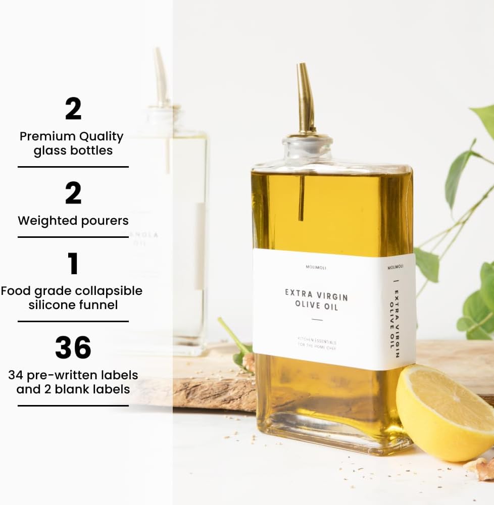 Molimoli Olive Oil Dispenser Bottle for Kitchen, Automatic Pourer, Glass Thin Bottle Dispenser for Kitchen, Olive Oil Cruet, | Set of 2 - Gold