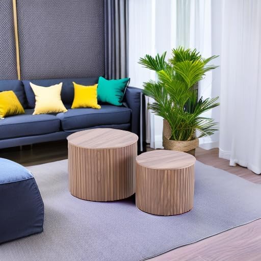 Nesting Coffee Tables Set of 2, Wooden Round Coffee Tables with Storage,Modern Circle Accent End Table Center Table for Small Spaces Living Room Bedroom Balcony Office Drum Side Table,Walnut