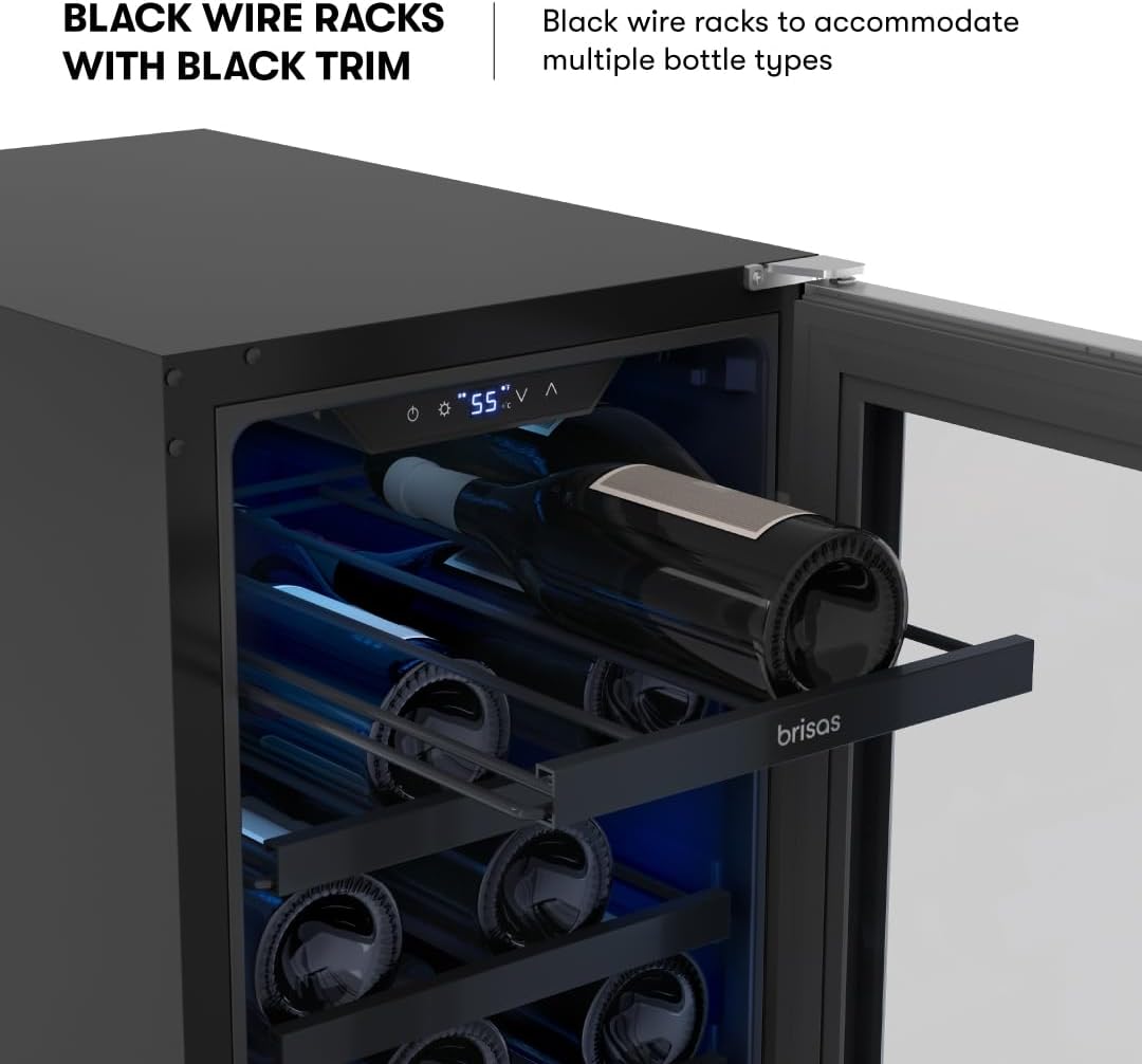 Zephyr Brisas 15 Inch Slim Wine Fridge Single Zone Under Counter - Narrow Mini Wine Cooler Small Cabinet Wine Refrigerator Home Bar Freestanding with Glass Door - 28 x 750ml Bottles