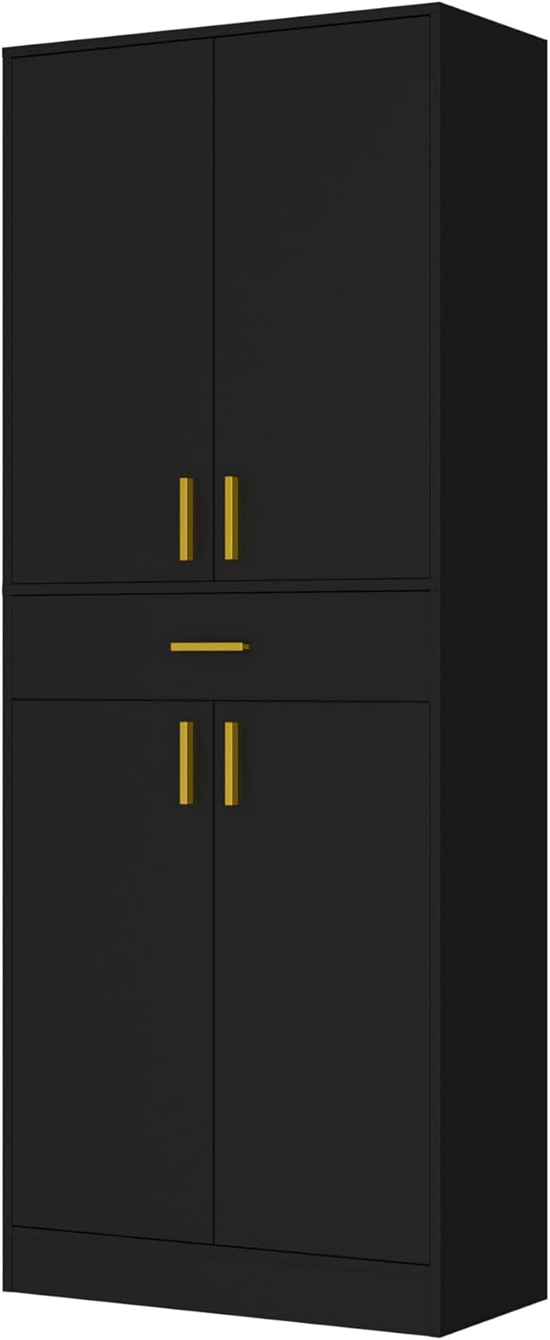 Cozy Castle Pantry Cabinet, 71" Tall Kitchen Storage Cabinet with Doors and Shelves, Freestanding Wood Cupboard Utility Hutch with Drawer for Dining Room Living Room Bathroom Furniture, Black