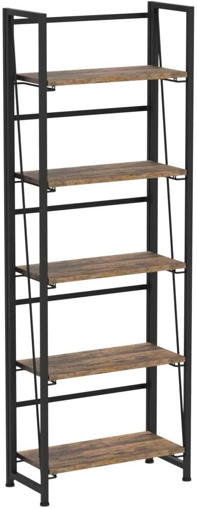4NM No Assembly Foldable Bookshelf, 5-Shelf Collapsible Bookcase Storage for Small Spaces, 62.2" H, Rustic Brown and Black
