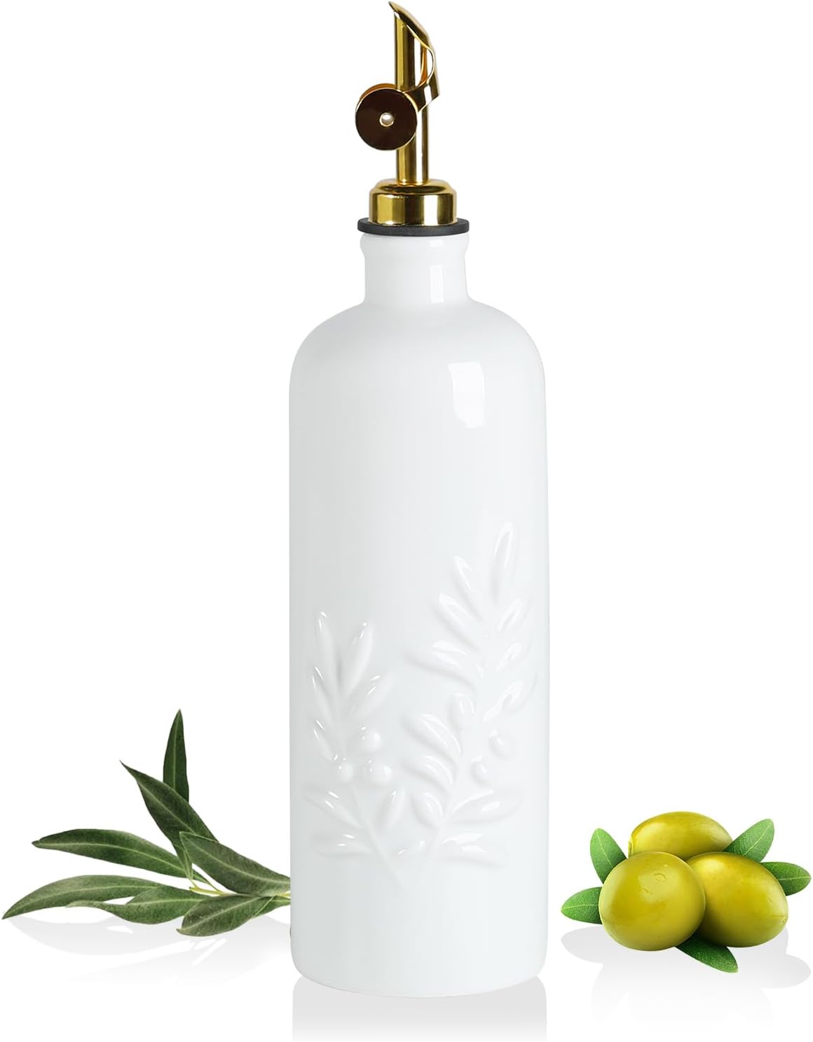 Sweejar 18 Oz Oil Dispenser for Kitchen with Gravity Spout, Ceramic Olive Oil Dispenser Bottle, Relief Opaque Vinegar Container for Evoo, Vinegar, Soy Sauce, Pack of 1(White, Gold Spout)