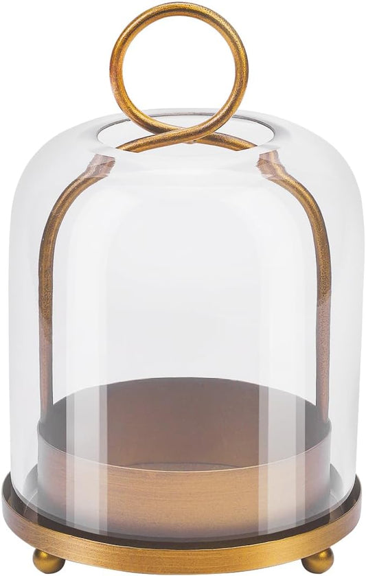 5"x7.5" Versatile Modern Metal Hurricane Lantern with Handmade Sturdy Glass Dome for 3" Pillar Candle & Plants (Brass, 5"x7.5" for 3" Pillar)