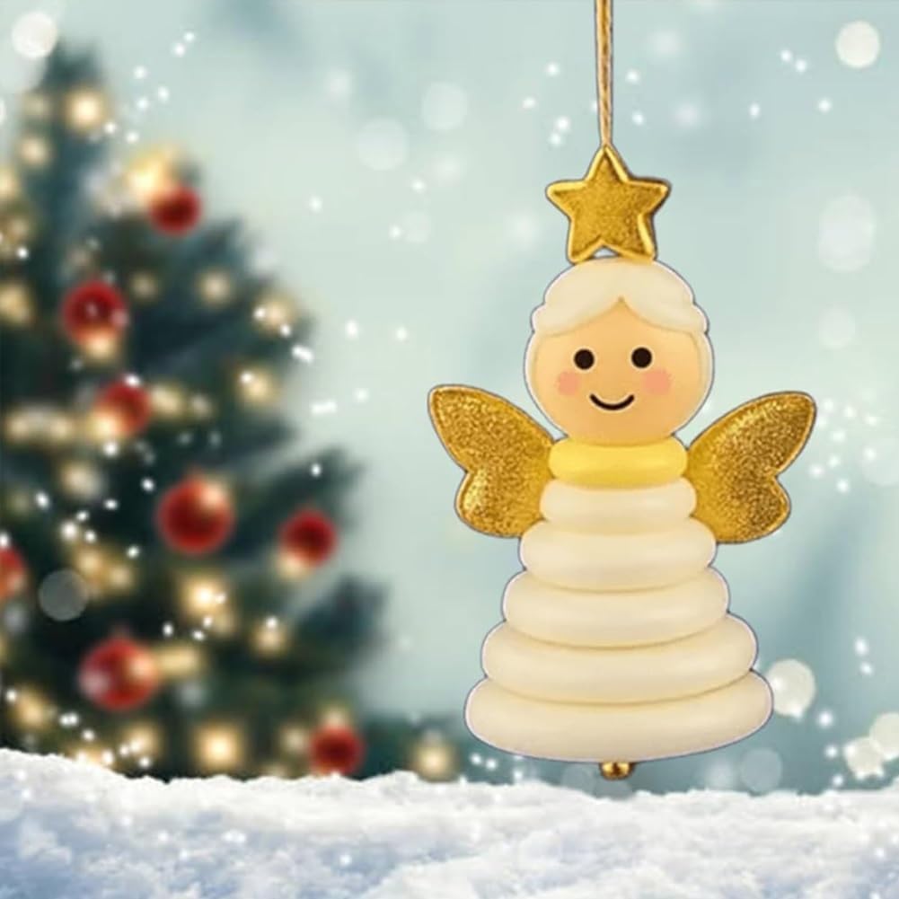 4pcs Button Christmas Tree Ornament Kits, Fun Holiday Decorations for All Ages, DIY Craft Buttons Kit with Christmas Snowman/Santa/Angel, Gifts for Xmas Tree Hanging Decorations (Angel)