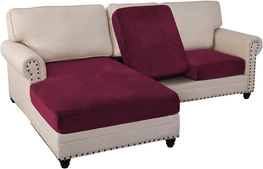 PrinceDeco Sectional Couch Covers 3 Pieces Velvet Sofa Covers L Shape Soft Couch Covers for Sectional Sofa Corner Sofa Cover Couch Cover for Dogs Washable (2 Seater + 1 Chaise,Burgundy)